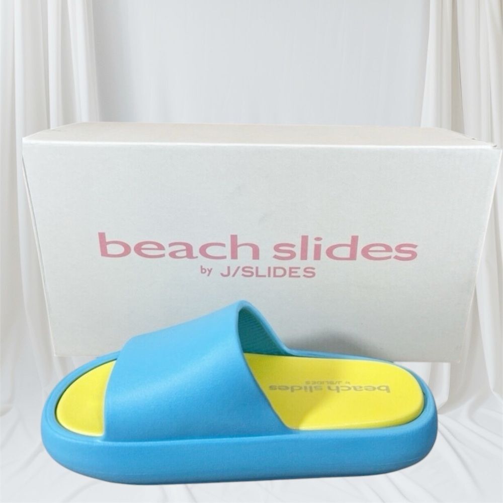 J/Slides NYC SQUISH Turquoise/Yellow EVA Slip Ons Sandals Shoes 7